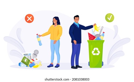 Correct and wrong examples of throwing out garbage. Person putting rubbish in trash bins, dumpsters and containers. Recycle rubbish, recycling environment littering. Pollution Ecology Protection