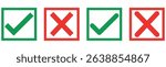 Correct and wrong icon set in green and red colors. Tick and cross icons. Vector illustration, Check mark icon button set. yes or no checkmark icons in green tick box and red cross.