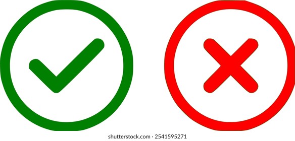 Correct and wrong icon set in green and red colors . Tick and cross icons . Vector illustration