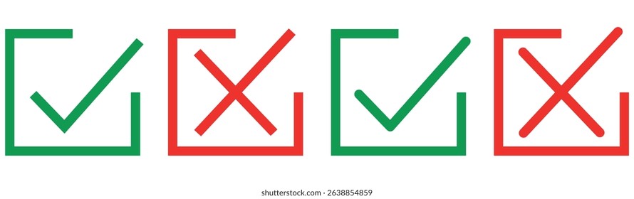 Correct and wrong icon set in green and red colors. Tick and cross icons. Vector illustration, Check mark icon button set. yes or no checkmark icons in green tick box and red cross.
