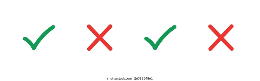 Correct and wrong icon set in green and red colors. Tick and cross icons. Vector illustration, Check mark icon button set. yes or no checkmark icons in green tick box and red cross.