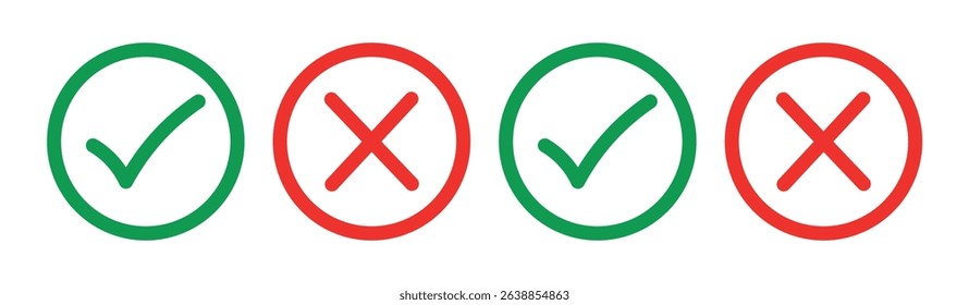 Correct and wrong icon set in green and red colors. Tick and cross icons. Vector illustration, Check mark icon button set. yes or no checkmark icons in green tick box and red cross.