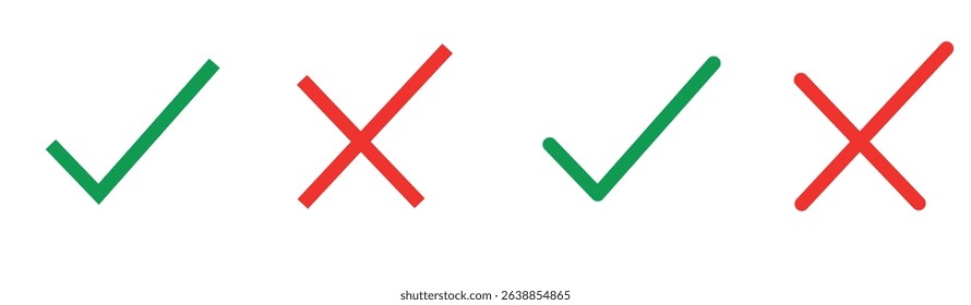 Correct and wrong icon set in green and red colors. Tick and cross icons. Vector illustration, Check mark icon button set. yes or no checkmark icons in green tick box and red cross.