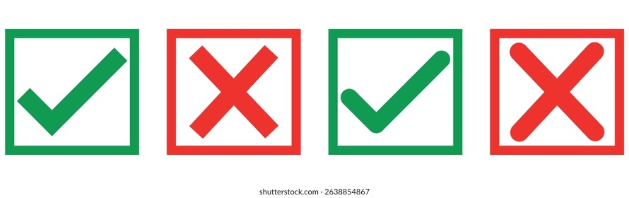 Correct and wrong icon set in green and red colors. Tick and cross icons. Vector illustration, Check mark icon button set. yes or no checkmark icons in green tick box and red cross.