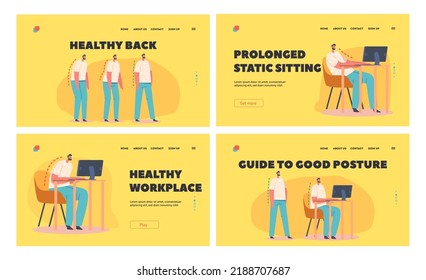 Correct and Wrong Posture of Back Bones Landing Page Template Set. Spinal Deformity, Scoliosis and Spine Backbone Curvature Prevention. Male Characters Stand or Sit. Cartoon People Vector Illustration