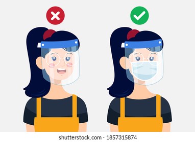 correct and wrong way to using 
protective full antivirus medical face shield infographic concept, woman wearing surgical mask inside to virus protection, flat vector illustration