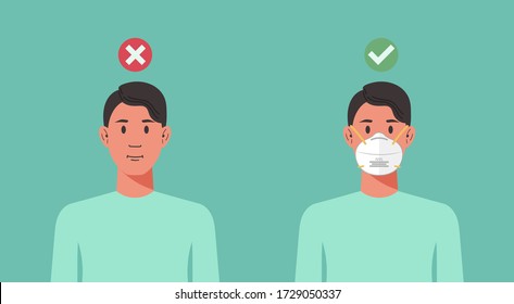 correct and wrong way to wear n95 face mask infographic concept, man with protective respirator prevent virus spreading, flu, disease, coronavirus infection, air pollution, flat vector illustration