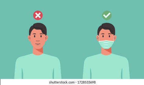 correct and wrong way to wear surgical face mask infographic concept, man with protective respirator prevent the virus spreading, flu, disease, coronavirus infection, flat vector illustration