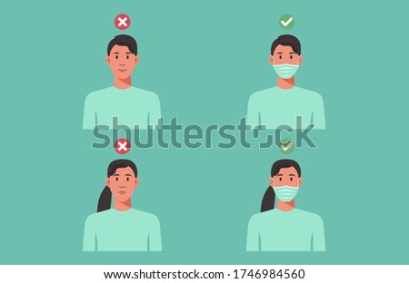 correct and wrong way to wear surgical face mask concept, man and woman with protective respirator prevent the virus spreading, flu, disease, coronavirus infection, flat vector illustration
