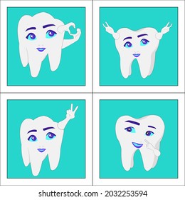 Correction Tooth’s  figure with cartoon face in human style (smiling ,happy,love sign and two thumbs up ) on light green background.Vector isolate flat design concept for dental clinic poster or card.