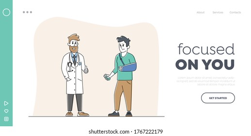 Correction of Lost Physical Body Abilities Landing Page Template. Injured Man with Broken Hand Chat with Doctor Get Medicine Remedy. Character with Physical Injure. Linear People Vector Illustration