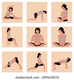 Correction of nine Pregnant woman in sportswear while doing yoga pose. Set 9 yoga for pregnant. Meditation. Relaxation. Vector Isolate flat design in cartoon no face style on light brown background