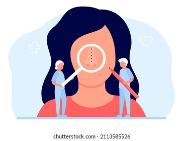 Correction of nose on face of woman, changing nasal shape during rhinoplasty surgery. Plastic surgeon, doctor doing medical cosmetic correction and procedure on face. Plastic beauty operation. Vector
