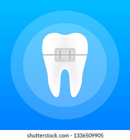 Correction of teeth with orthodontic braces. Stages of teeth alignment. Dental clinic services. Vector stock illustration.