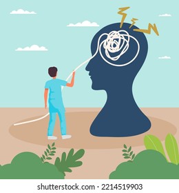 Korrektur des Denkens. Der Mensch hält ein Zahnrad, Kopfsilhouette auf dem Hintergrund, Psychologe oder Psychotherapeut hilft, psychische Probleme zu lösen, Business Coach Consulting. Vektorkonzept