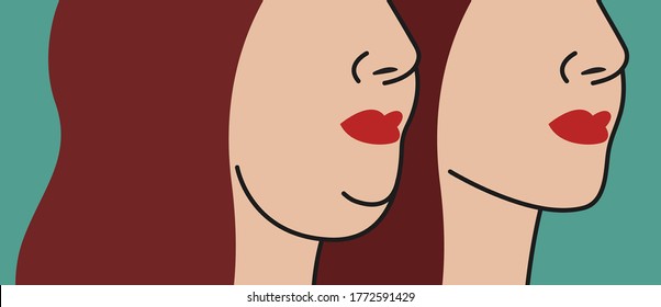 Correction of womans double chin before and after. Vector illustration of liposuction or lipolytics applications