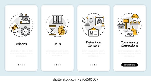 Instituciones correccionales incorporando la pantalla del App móvil. Sistema de justicia. Instrucciones gráficas editables de 4 pasos con conceptos lineales. UI, UX, GUI