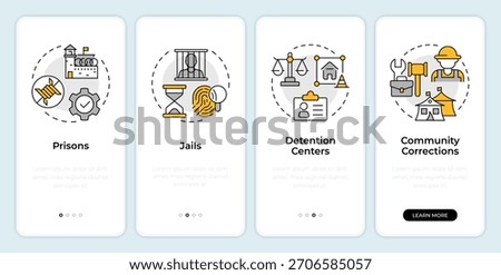 Correctional institutions onboarding mobile app screen. Justice system. Walkthrough 4 steps editable graphic instructions with linear concepts. UI, UX, GUI