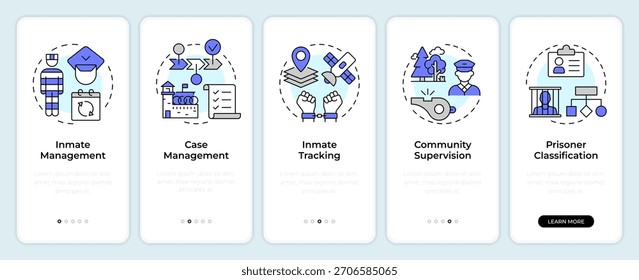Sistemas de gestión correccional incorporando la pantalla del App móvil. Instrucciones gráficas editables de 5 pasos con conceptos lineales. UI, UX, GUI