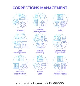 Ícones de conceito de gradiente azul de gerenciamento de correções. Criminosos punição e processos de reabilitação. As prisões controlam. Pacote de ícones. Imagens vetoriais. Ilustrações de forma redonda para o site. Ideia abstrata