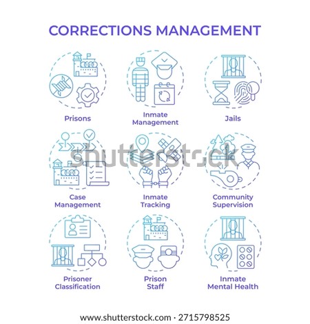 Corrections management blue gradient concept icons. Criminals punishment and rehabilitation processes. Prisons control. Icon pack. Vector images. Round shape illustrations for website. Abstract idea