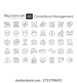 Conjunto de iconos de línea de administración de correcciones. Prisiones, cárceles, libertad condicional y administración de libertad condicional. Criminales encarcelando. Ilustraciones de contorno de Vector aislado. Símbolos de conjunto de iconos lineales delgados. Trazo editable