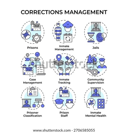 Corrections management multi color concept icons. Criminals punishment and rehabilitation processes. Prisons control. Icon pack. Vector images. Round shape illustrations for website. Abstract idea