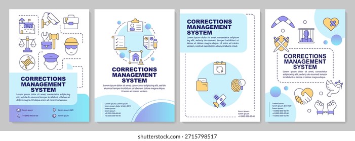 Sistema de gestión de correcciones diseño de folleto de círculo azul. Red penitenciaria. Diseño publicitario de folleto con iconos de línea de color. Editable 4 páginas