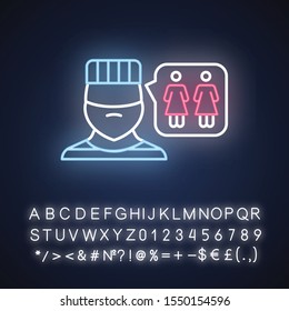 Corrective rape neon light icon. Custodial woman abuse in institutions. Rape as punishment for orientation. Sexual harassment of females. Glowing sign with alphabet. Vector isolated illustration