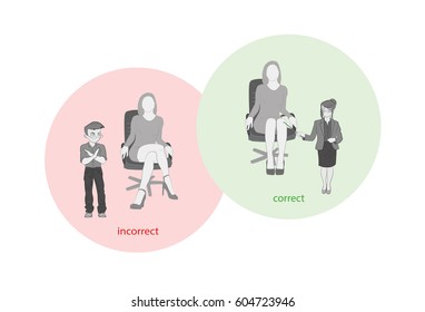 Correctly and incorrectly sit on an office chair. Little people show medical advice. vector illustration.