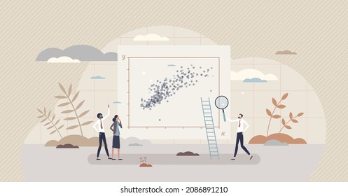 Correlation and results consistency with statistics data tiny person concept. Information research based on information surveillance and variables analysis vector illustration. Graphic presentation.