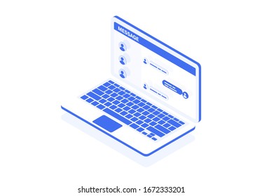 Correspondenc is open on the laptop. Dialogs hang over the computer screen. Vector isometric image 