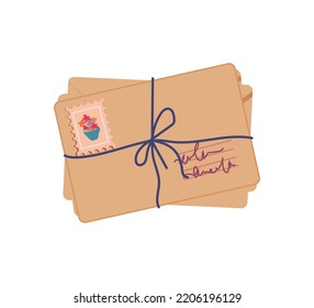 Correspondence communication by exchanging letters. Isolated icon of pack of mail or postal cards with address and marks. Vector in flat cartoon style