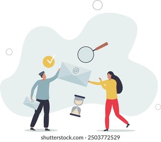 Correspondence distribution with postman as reliable and personalized promotion offer.flat design with people.