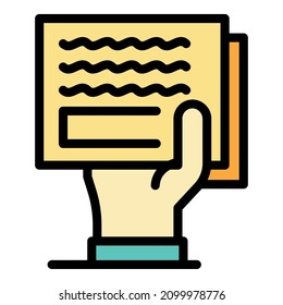 Correspondence in hand icon. Outline correspondence in hand vector icon color flat isolated