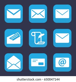 Correspondence icon. set of 9 filled correspondence icons such as feather and paper, envelope, email, mail, letter