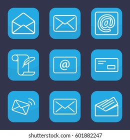 correspondence icon. Set of 9 outline correspondence icons such as feather and paper, envelope, email, at email, letter, envelop