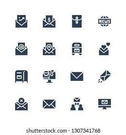 correspondence icon set. Collection of 16 filled correspondence icons included Email, Mail, Envelope, Mail box, Mailbox, News