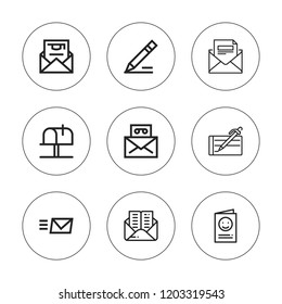 Correspondence icon set. collection of 9 outline correspondence icons with email, invitation, mail, mailbox, write icons. editable icons.