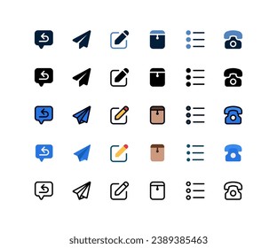 Correspondence icon set, Set of communication, auto replay, send, compose, envelope, list, telephone, icons