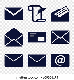 Correspondence icons set. set of 9 correspondence filled icons such as feather and paper, envelope, email, letter, envelop