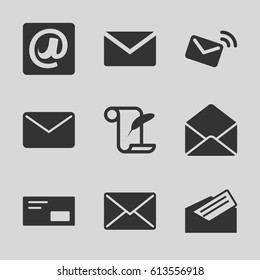 Correspondence icons set. set of 9 correspondence filled icons such as feather and paper, envelope, at email, letter, envelop