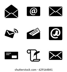 Correspondence icons set. set of 9 correspondence filled icons such as feather and paper, envelope, email, at email, mail, letter