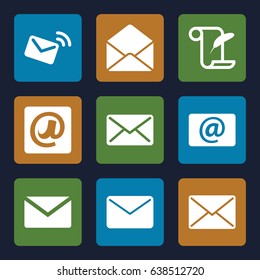 Correspondence icons set. set of 9 correspondence filled icons such as feather and paper, envelope, email, at email