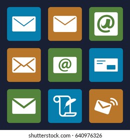 Correspondence icons set. set of 9 correspondence filled icons such as feather and paper, email, at email, mail