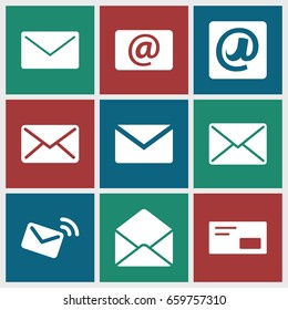 Correspondence icons set. set of 9 correspondence filled icons such as envelope, email, at email, mail