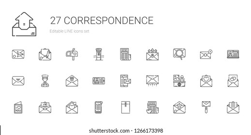 correspondence icons set. Collection of correspondence with email, news, envelope, love letter, mail, postman, mailbox, outbox. Editable and scalable correspondence icons.