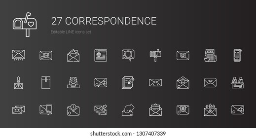 correspondence icons set. Collection of correspondence with email, outbox, love letter, mail, write, envelope, mailbox, news. Editable and scalable correspondence icons.