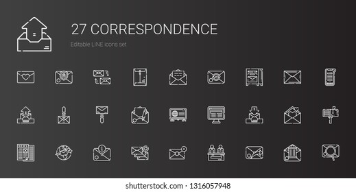 correspondence icons set. Collection of correspondence with email, news, mail, mailbox, love letter, envelope, mailing, outbox. Editable and scalable correspondence icons.