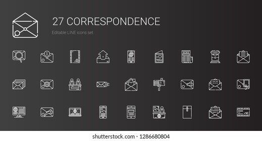 correspondence icons set. Collection of correspondence with envelope, news, email, mailbox, love letter, mail, outbox. Editable and scalable correspondence icons.